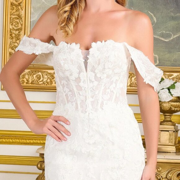 New Off The Shoulder White Mermaid Wedding Gown w/ Floral Lace Applique GL3713 - Picture 5 of 14